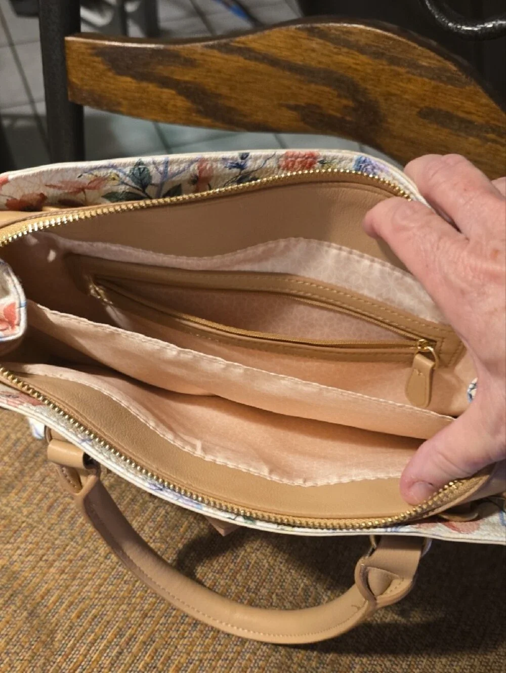 Floral Print Satchel Bag with Tan Trim
